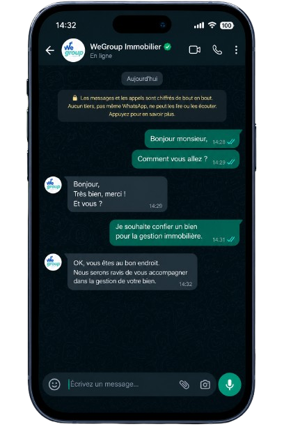 Exemple de conversation WhatsApp avec l'équipe WeGroup